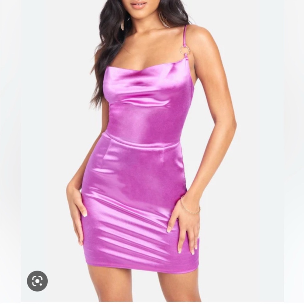 NWT Bebe Cowl Neck Ring Detail Satin Dress Radiant Orchid Size Small
